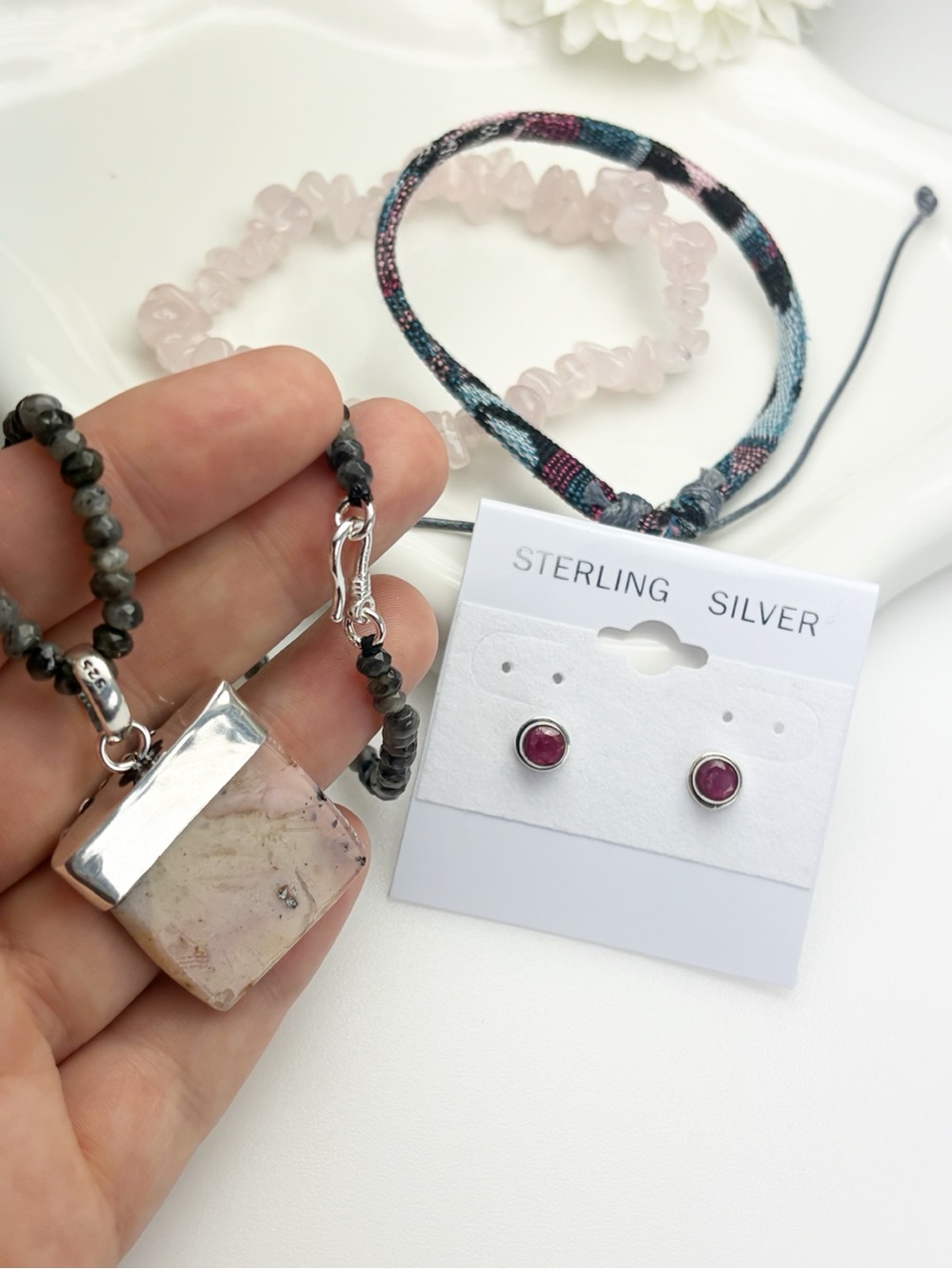 Jewelry Lot Peruvian Pink Opal Pendant Moonstone Necklace Ruby Earrings 925 - Picture 8 of 9